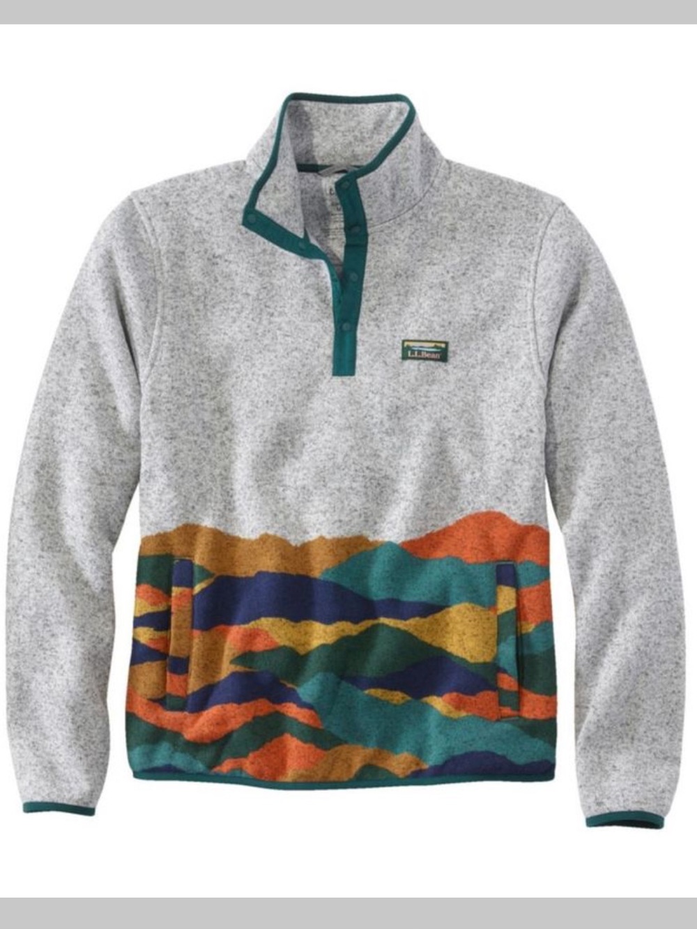 Men's L.L.Bean Sweater Fleece Pullover abstract mountain graphic 1/4 snap SZ XL